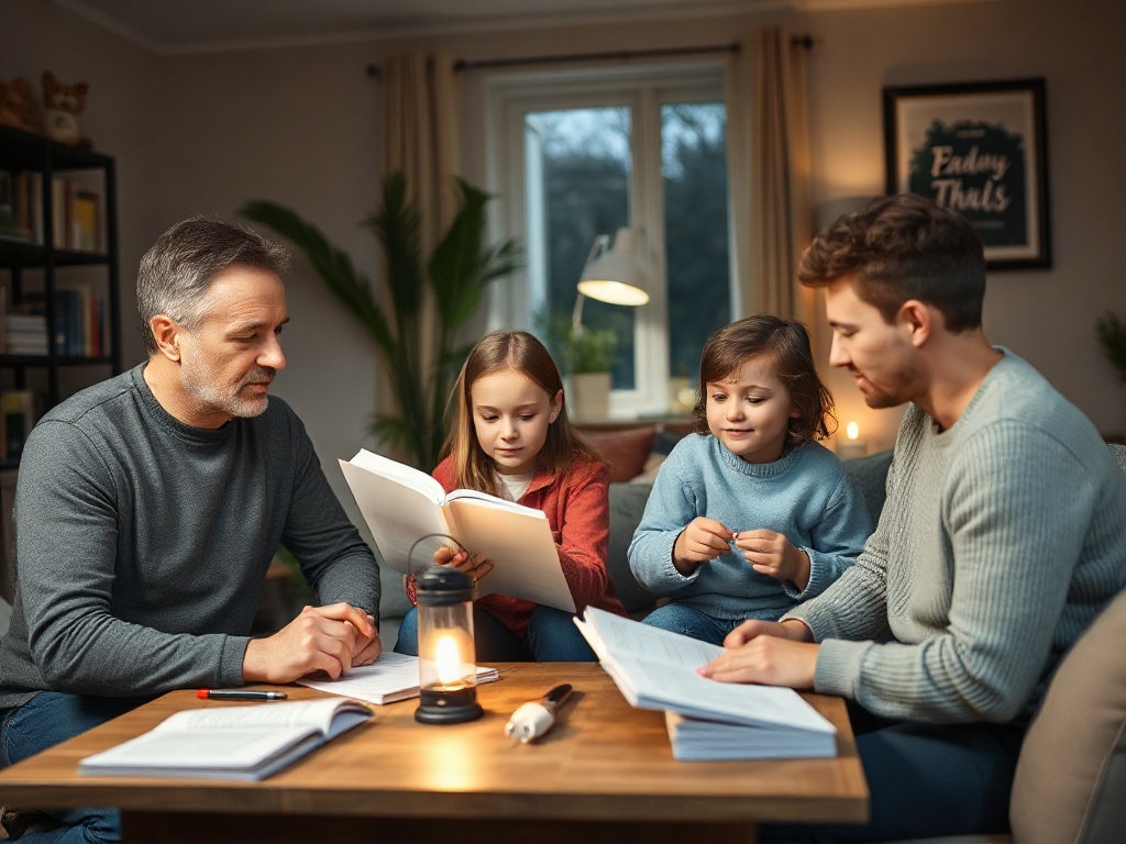 A calm trainer figure in a cozy Dutch-Belgian living room guiding a family around a practical emergency handbook, checklists, water, lantern light, warm tone. "