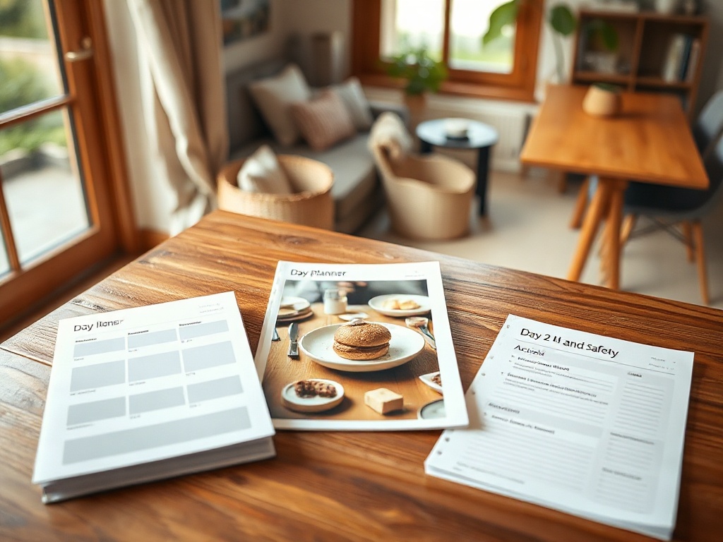 A calm Dutch home scene with three distinct day-planners laid out on a table—Day 1 intro, Day 2 supplies and safety, Day 3 action list—natural light, warm tones. " "You MUST not include ANY brand images or logos. You may ONLY reply with the format giv