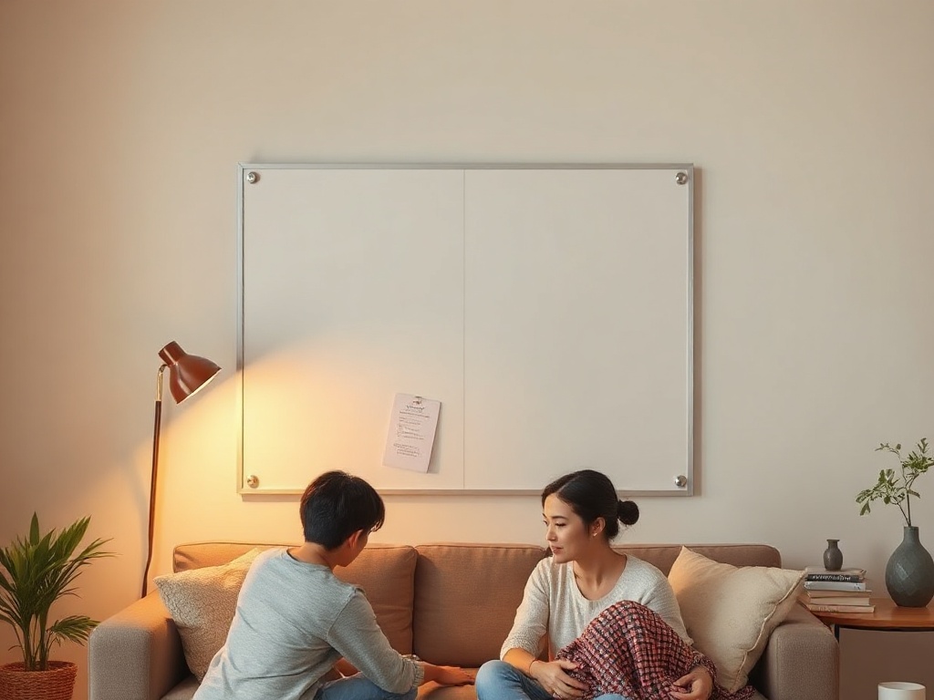 Warm home interior, wall notice board with blank form, family members calm, highlighted central key-info icons