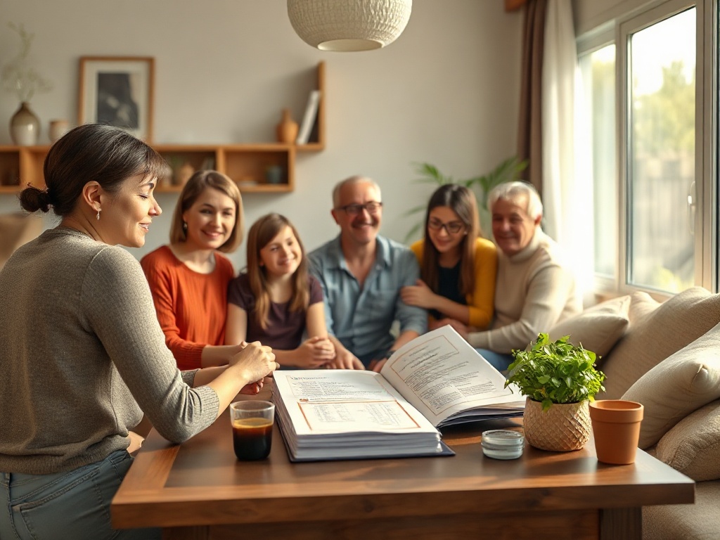 A bright living room, calm family gathered around a neatly printed emergency folder on a table, warm natural light, reassuring atmosphere, detailed realism.
