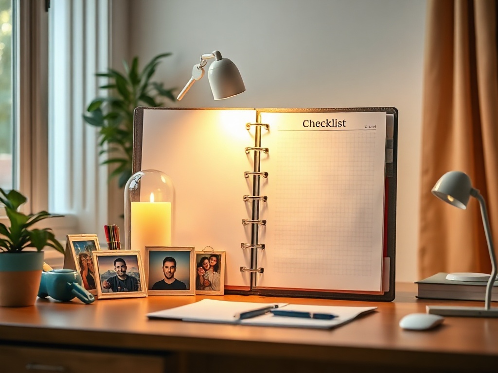 A calm home interior with an open blank checklist folder, family photos, keys, emergency icons, warm lighting, neat desk arrangement, tranquil mood, ready-for-print aesthetic.