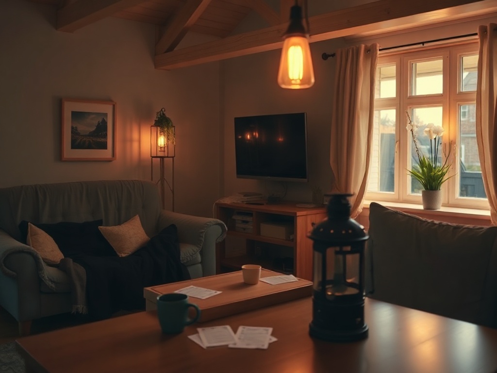 A calm Dutch living room during a simulated weekend blackout, warm lantern glow, untangled flashlight, offline phone battery icon implied, printed checklist replaced by blank cards, family planning by table, safety-first atmosphere, realistic, cinematic l