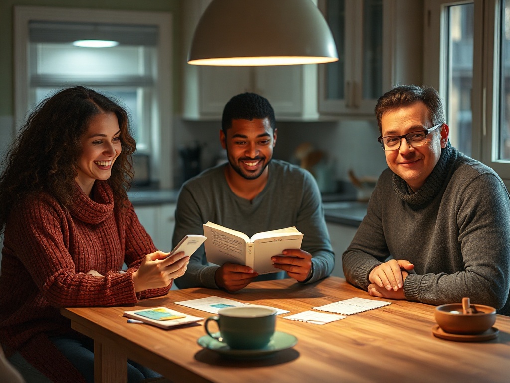 Three diverse adults around a kitchen table, warm lamplight, calm smiles, one holding a guidebook, sticky notes and cards, cozy preparedness vibe. "