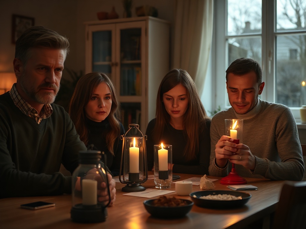 A calm Dutch family at home during a staged blackout, candle and lantern light, faces focused, laminated cards on table, warm realistic mood"