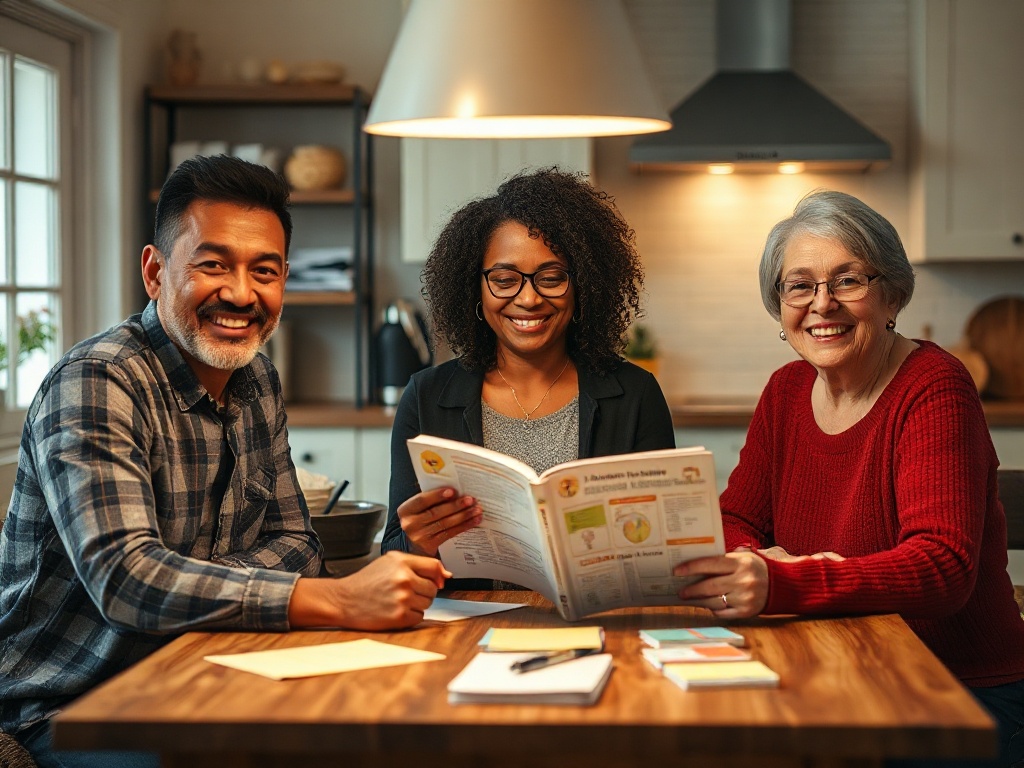 Three diverse adults around a kitchen table, warm lamplight, calm smiles, one holding a guidebook, sticky notes and cards, cozy preparedness vibe. "