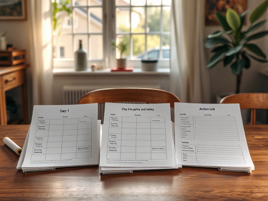 A calm Dutch home scene with three distinct day-planners laid out on a table—Day 1 intro, Day 2 supplies and safety, Day 3 action list—natural light, warm tones. " "You MUST not include ANY brand images or logos. You may ONLY reply with the format giv