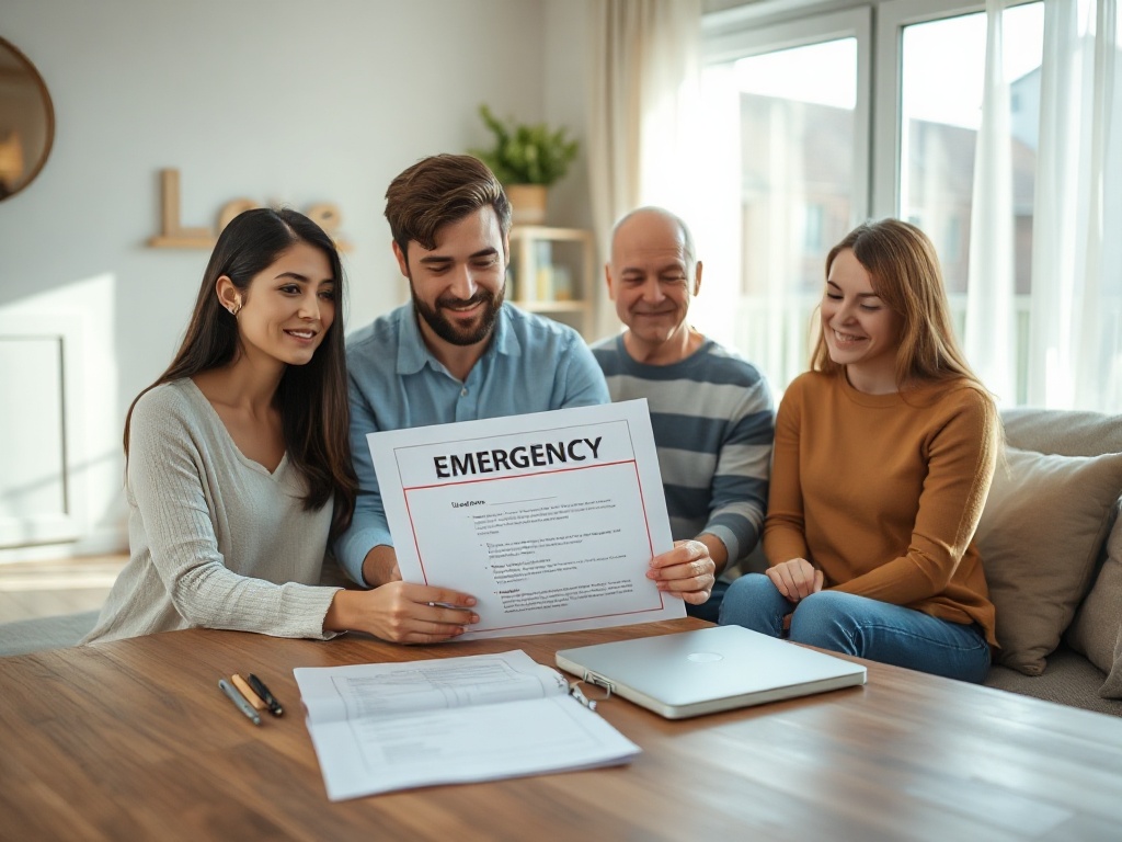 A bright living room, calm family gathered around a neatly printed emergency folder on a table, warm natural light, reassuring atmosphere, detailed realism.
