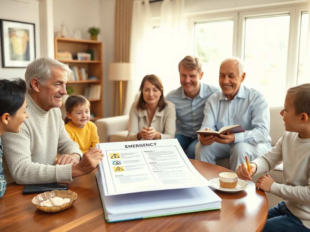 A bright living room, calm family gathered around a neatly printed emergency folder on a table, warm natural light, reassuring atmosphere, detailed realism.