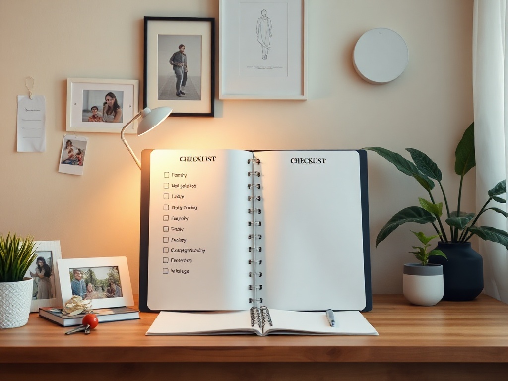 A calm home interior with an open blank checklist folder, family photos, keys, emergency icons, warm lighting, neat desk arrangement, tranquil mood, ready-for-print aesthetic.