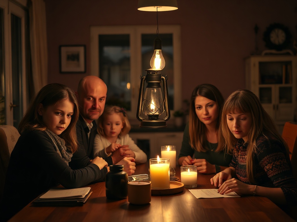 A calm Dutch family at home during a staged blackout, candle and lantern light, faces focused, laminated cards on table, warm realistic mood"
