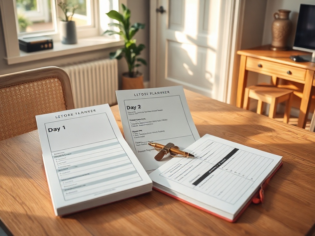 A calm Dutch home scene with three distinct day-planners laid out on a table—Day 1 intro, Day 2 supplies and safety, Day 3 action list—natural light, warm tones. " "You MUST not include ANY brand images or logos. You may ONLY reply with the format giv