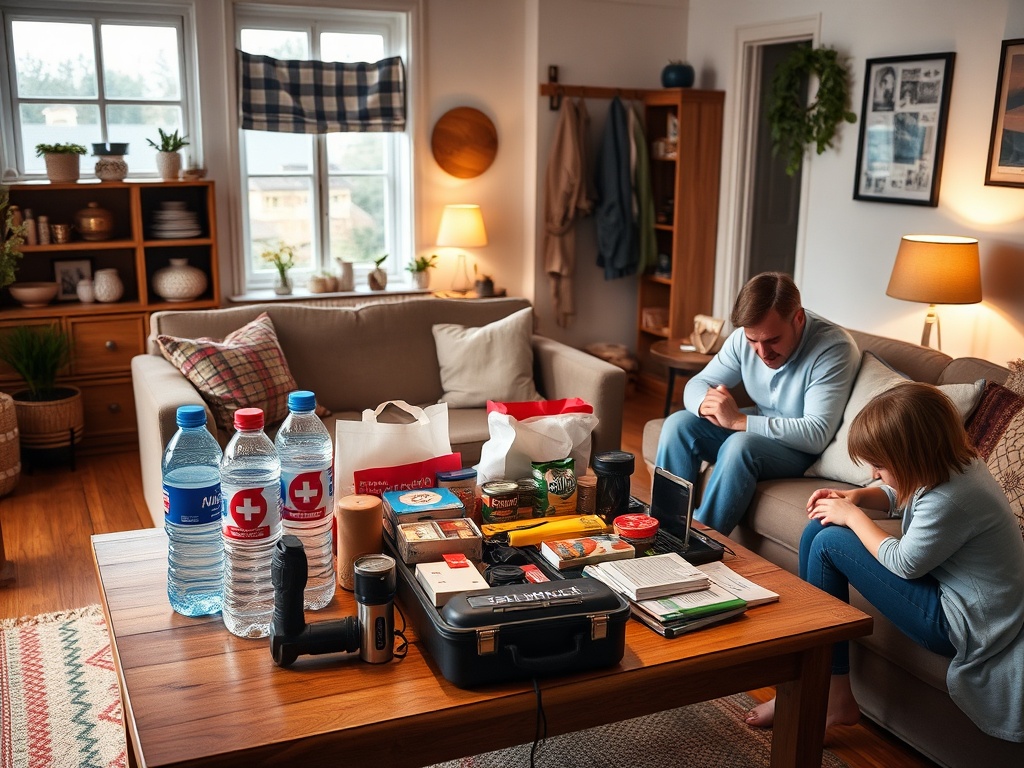 "cozy Dutch-Belgian home living room" "72-hour preparedness kit on table" "water bottles food supplies first-aid items flashlight power backup" "calm family practicing simple steps"