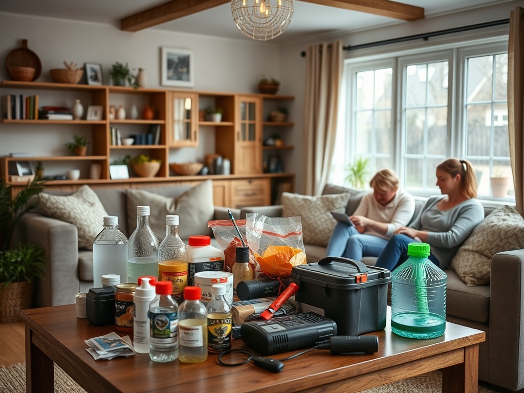 "cozy Dutch-Belgian home living room" "72-hour preparedness kit on table" "water bottles food supplies first-aid items flashlight power backup" "calm family practicing simple steps"