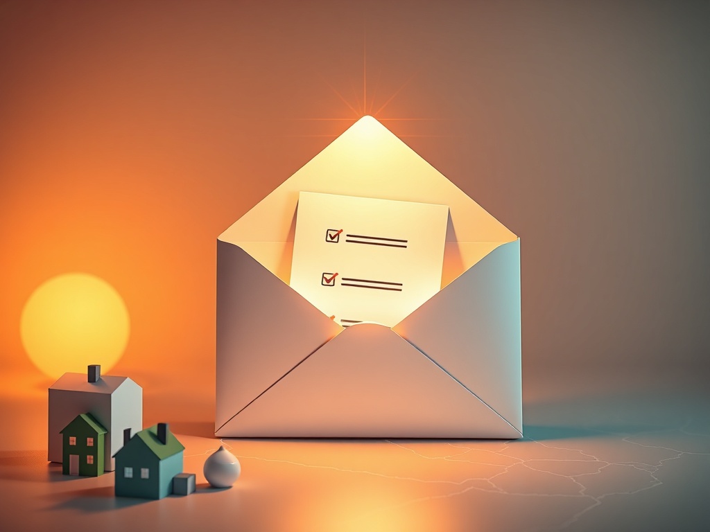 A glowing inbox icon opening, white envelope with folded checklist, calm household silhouettes nearby, subtle NL-BE map outline, inviting warm light, no branding.