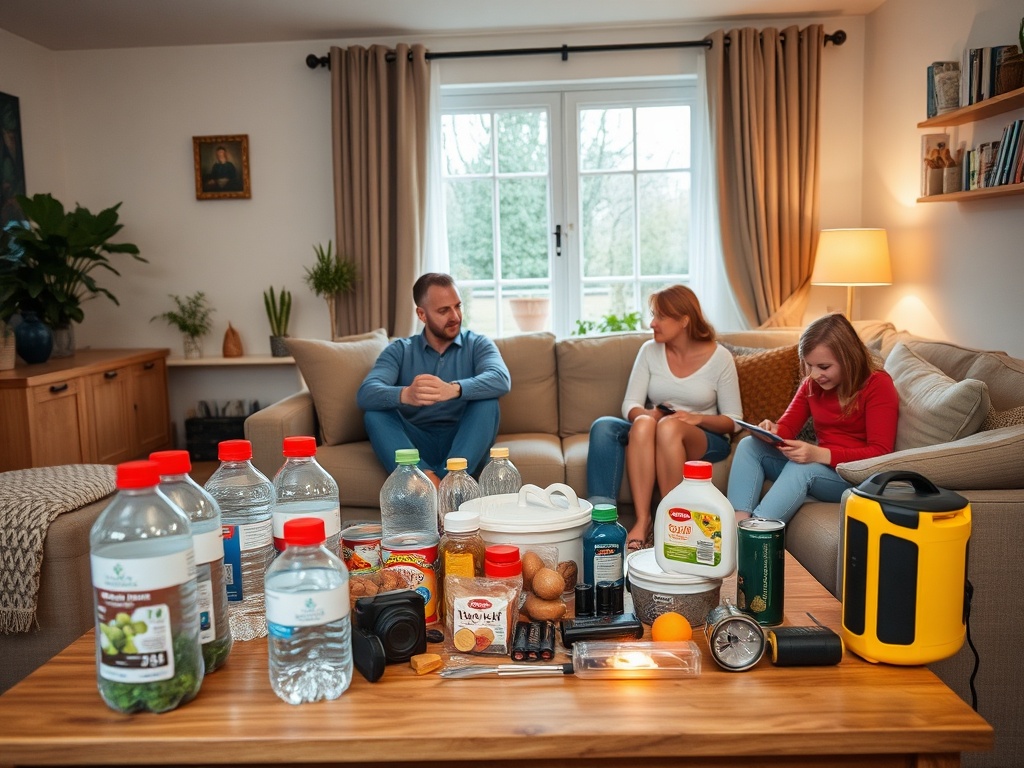 "cozy Dutch-Belgian home living room" "72-hour preparedness kit on table" "water bottles food supplies first-aid items flashlight power backup" "calm family practicing simple steps"