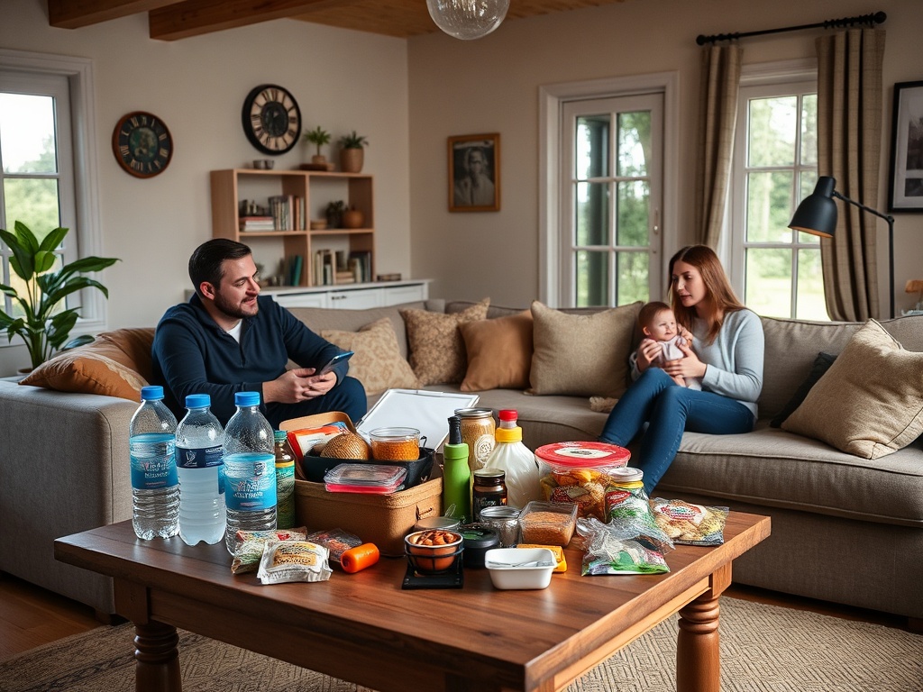 "cozy Dutch-Belgian home living room" "72-hour preparedness kit on table" "water bottles food supplies first-aid items flashlight power backup" "calm family practicing simple steps"