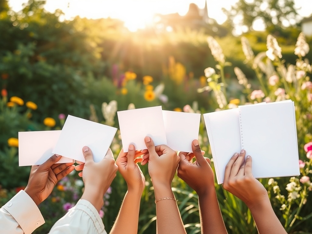 A tranquil summer garden scene, gentle sunlight, diverse hands holding blank cards and journaling pages, symbolic flowing lines, calm reflective mood, soft colors.