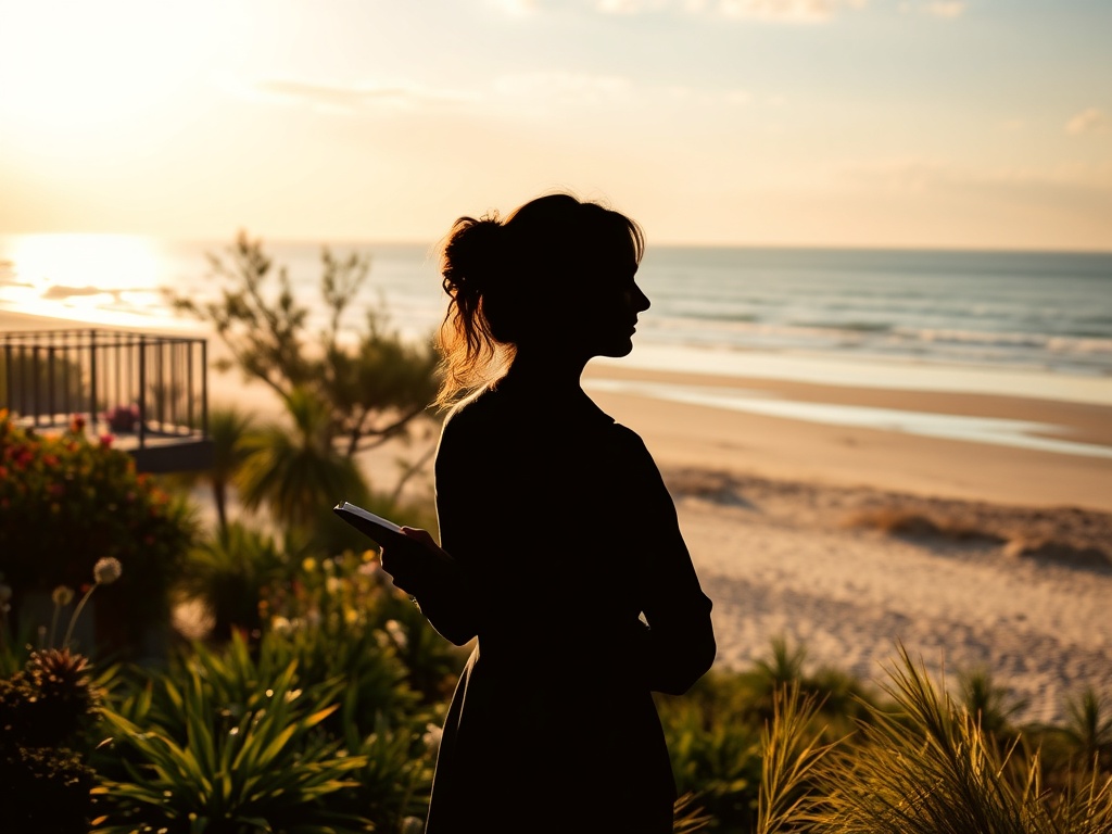 A serene summer landscape blending garden, balcony, and sandy shore; a thoughtful woman silhouette holding a small notebook; gentle flowing patterns hinting deeper systemic connections, soft golden light, calm reflective mood.
