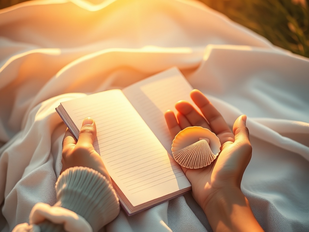 Serene summer scene with soft golden light, notebook and seashell near open hands, gentle unfolding patterns, reflective mood, minimal warm colors"