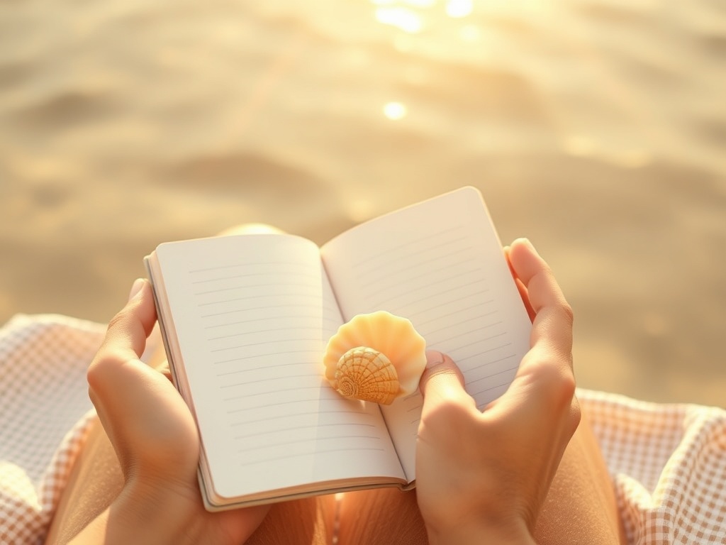 Serene summer scene with soft golden light, notebook and seashell near open hands, gentle unfolding patterns, reflective mood, minimal warm colors"