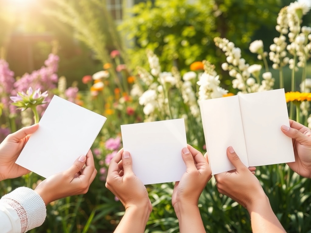 A tranquil summer garden scene, gentle sunlight, diverse hands holding blank cards and journaling pages, symbolic flowing lines, calm reflective mood, soft colors.