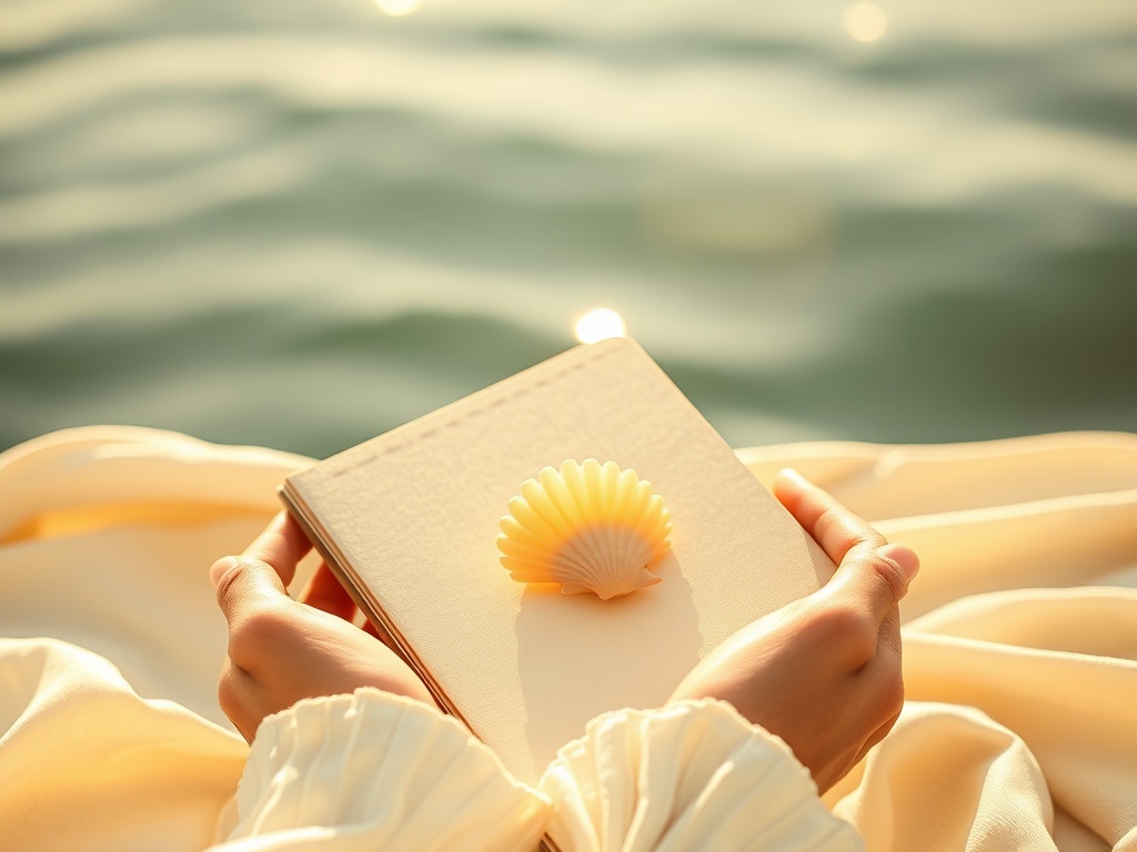 Serene summer scene with soft golden light, notebook and seashell near open hands, gentle unfolding patterns, reflective mood, minimal warm colors"