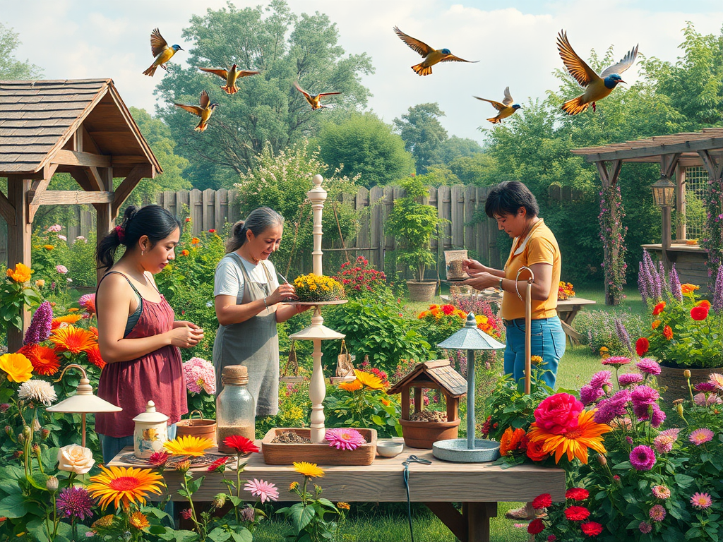 Een serene tuinworkshop met mensen die vogelhuisjes maken.