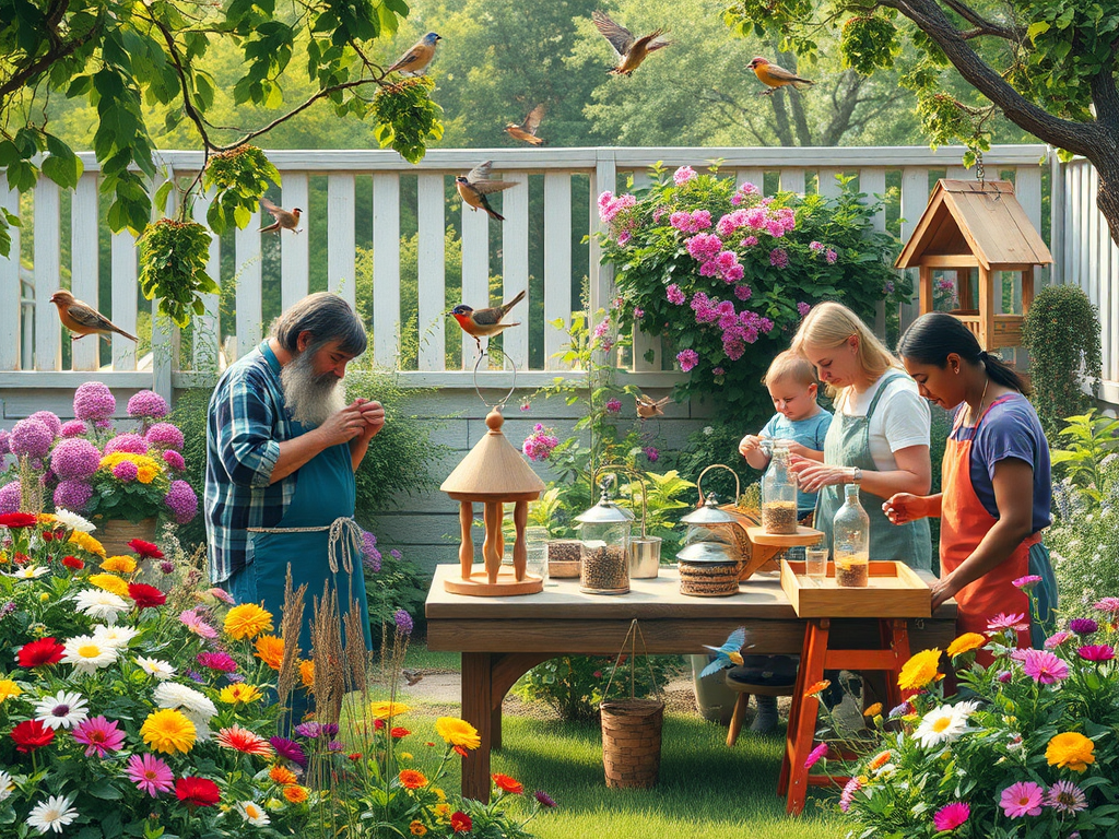Een serene tuinworkshop met mensen die voederhuisjes maken.