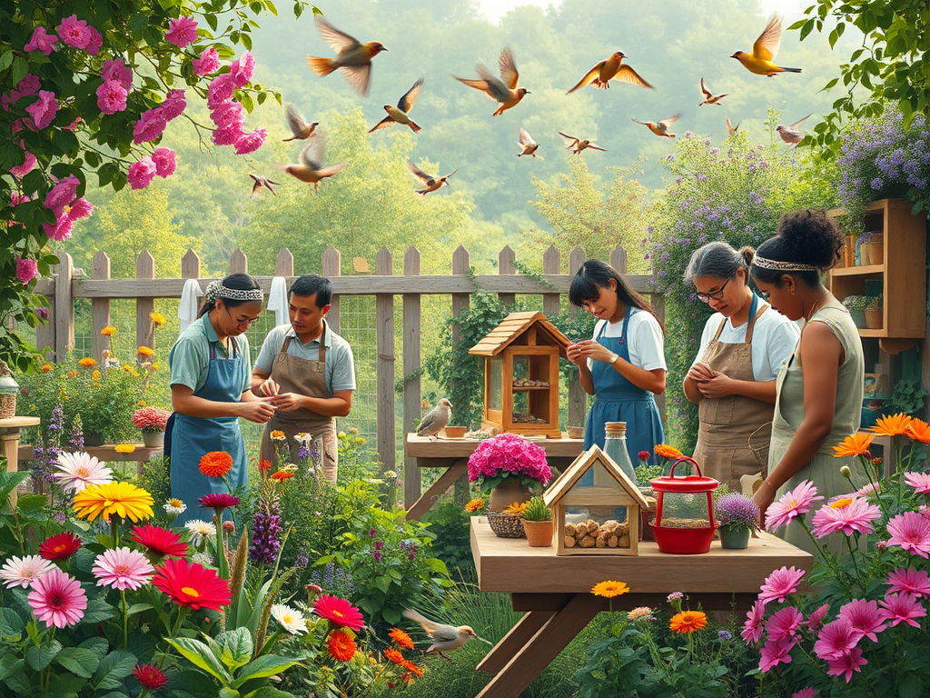 Een rustige tuinworkshop met mensen die vogelhuisjes maken.