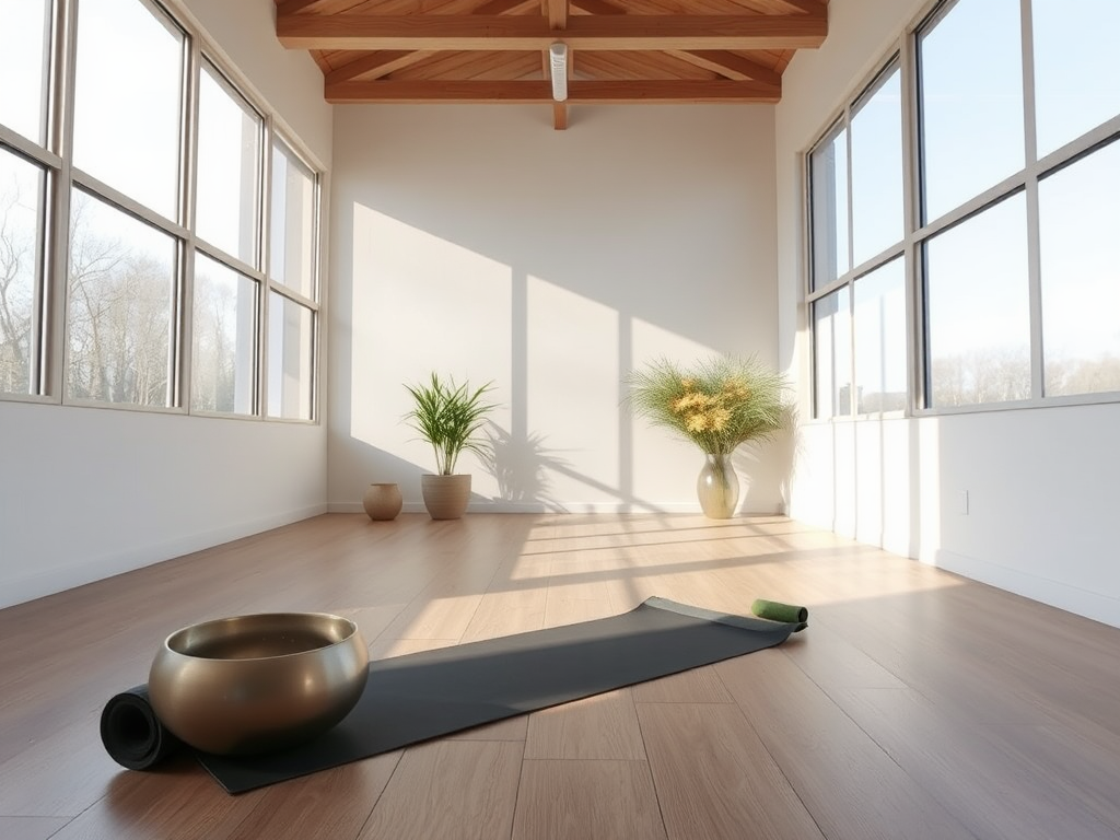 Een serene yogastudio met natuurlijk licht en een mat.
