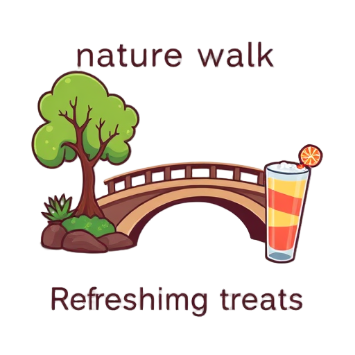 Natuurwandeling met een brug en verfrissende drankjes.