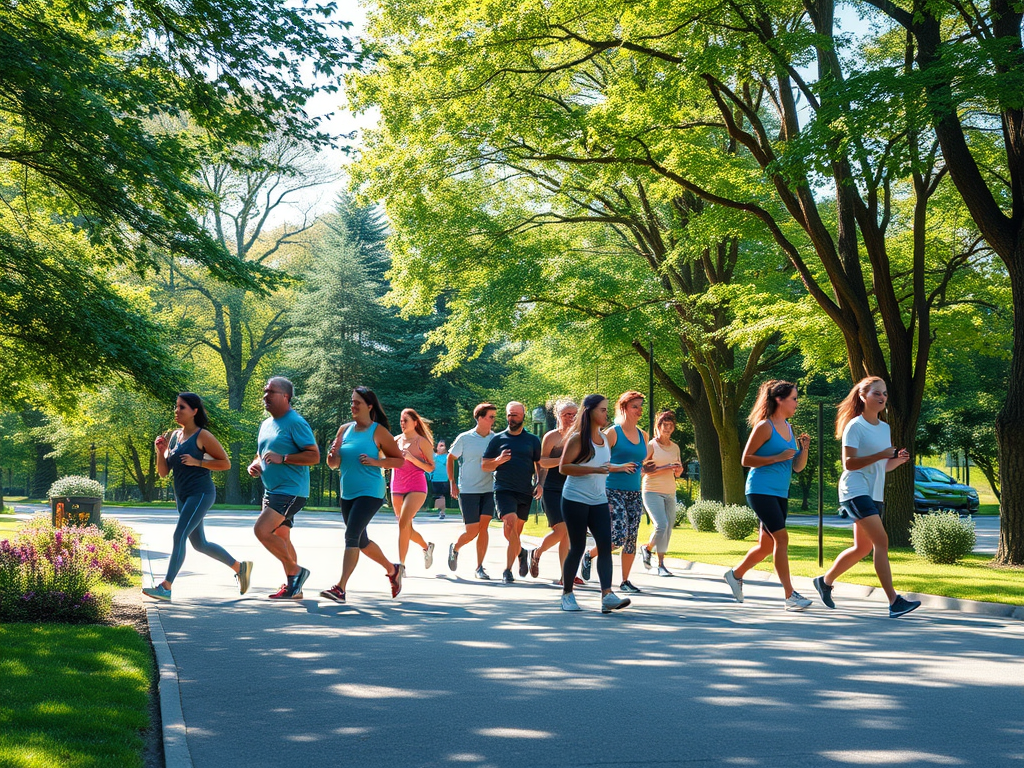 Groep mensen die actief wandelen in een groene omgeving.