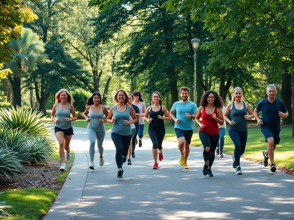 Een groep mensen die samen hardlopen in een park.