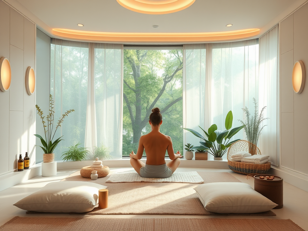 Een rustige spa-omgeving met een mediterende persoon.