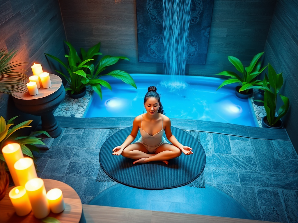 Een vrouw mediteert in een serene spa-omgeving.