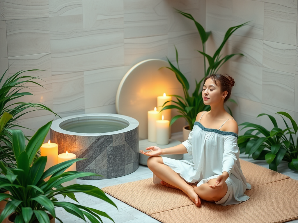 Vrouw mediteert in een serene spa-omgeving met planten.