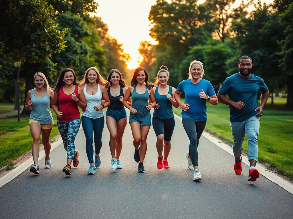 "group of diverse people powerwalking energetically" "sunset park trail with lush greenery" "focused expressions and dynamic arm swings" "healthy, active lifestyle vibe" "casual sporty attire"