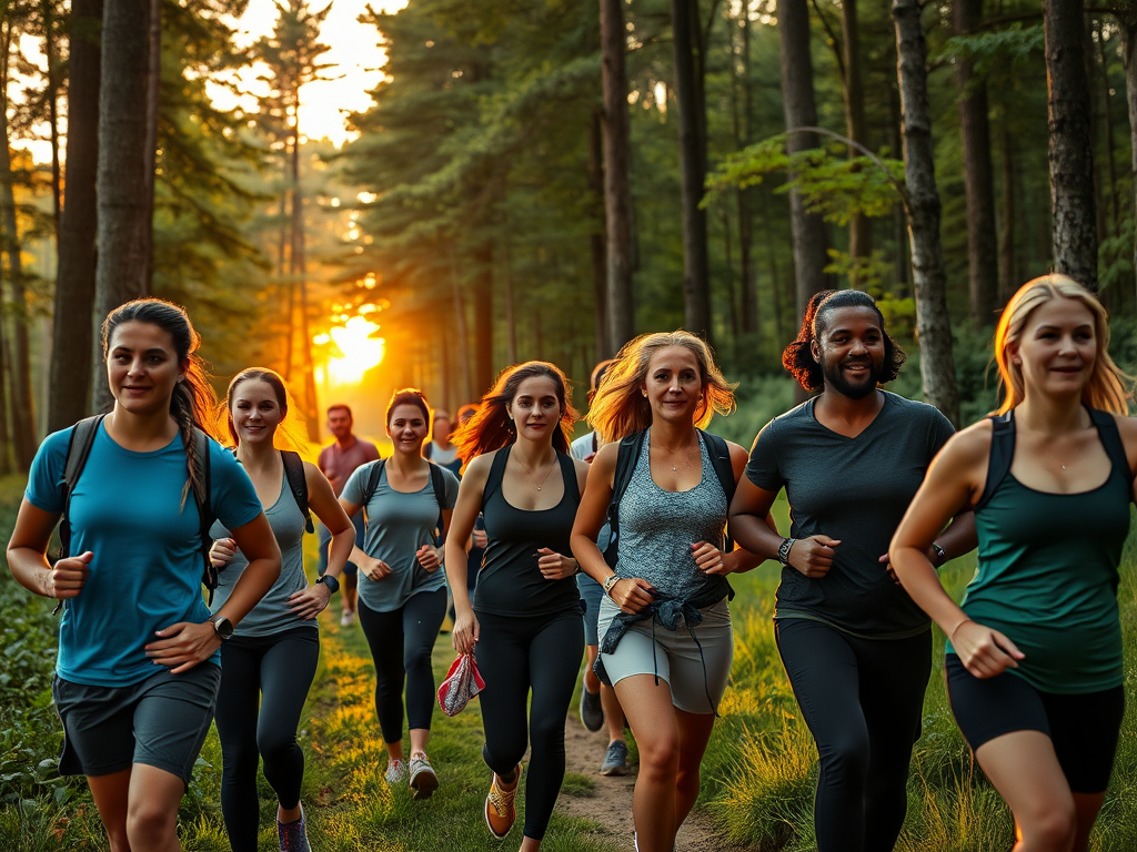 "group of diverse people powerwalking" "lush green forest trail" "sunset golden light" "focused faces with dynamic posture" "casual sporty clothes" "natural scenery with tall trees and soft shadows"