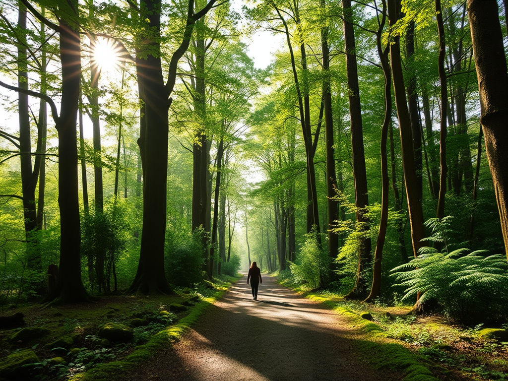 "lush green forest" "soft sunlight filtering through tall trees" "person walking calmly on a mossy path" "peaceful, serene atmosphere" "gentle breeze moving leaves"