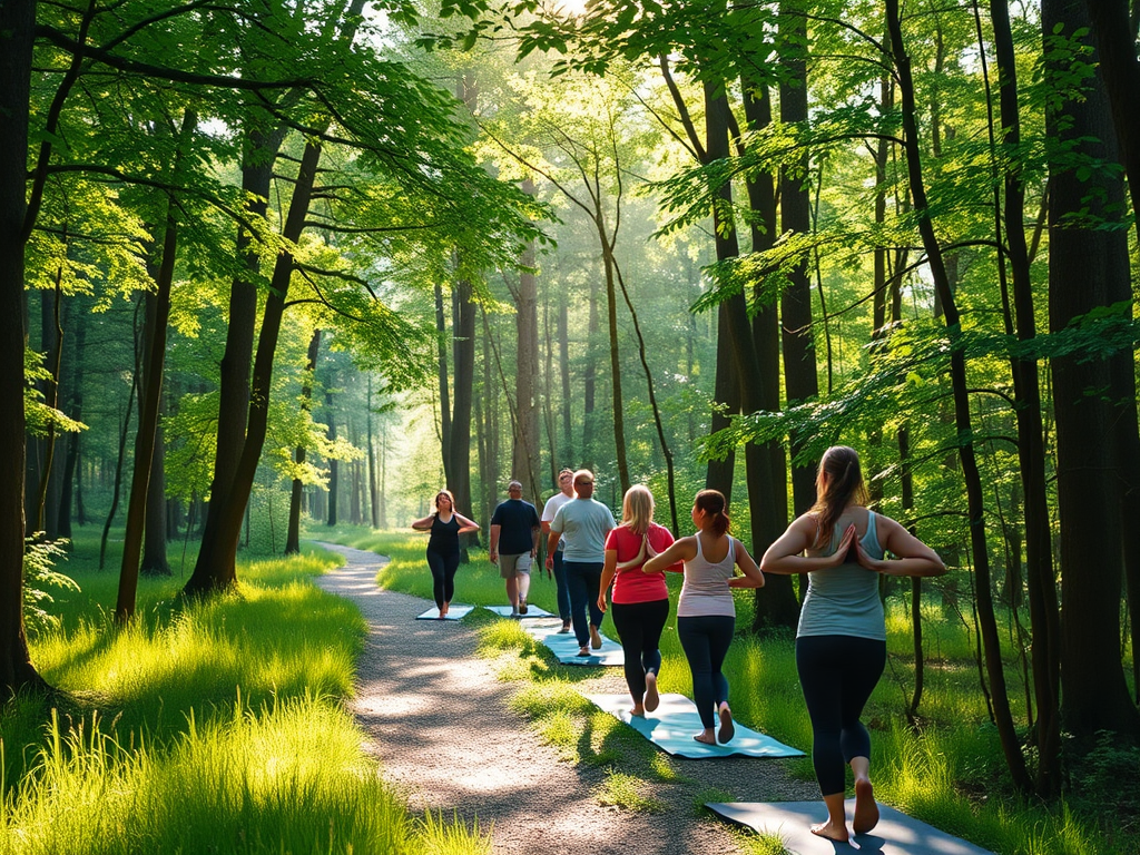 "peaceful forest path" "group practicing yoga outdoors" "sunlight filtering through leaves" "people walking mindfully" "relaxed faces" "lush green meadow" "serene natural retreat setting"