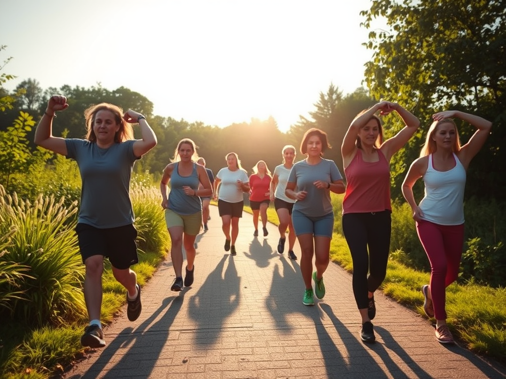 A serene outdoor scene with diverse people powerwalking energetically on a sunlit path, focusing on posture and arm movement, surrounded by lush greenery and soft sunlight.