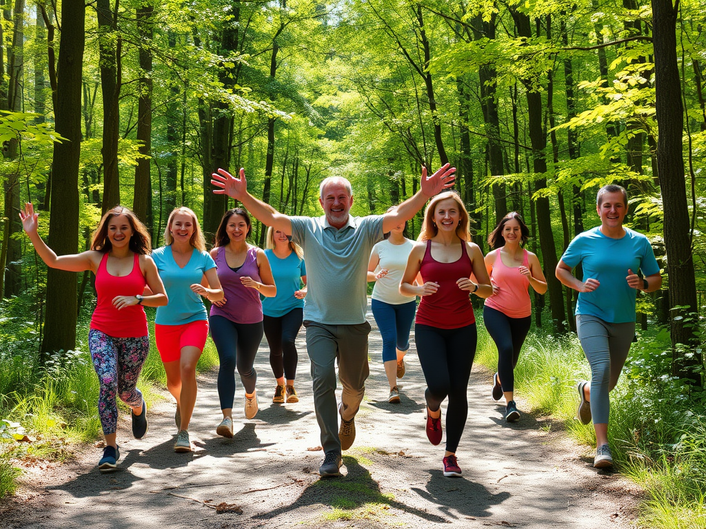 "A diverse group powerwalking energetically on a sunny forest trail" "instructor demonstrating arm technique" "people stretching and warming up" "vibrant nature with green trees and sunlight filtering through" "expressions of focus and enjoyment"