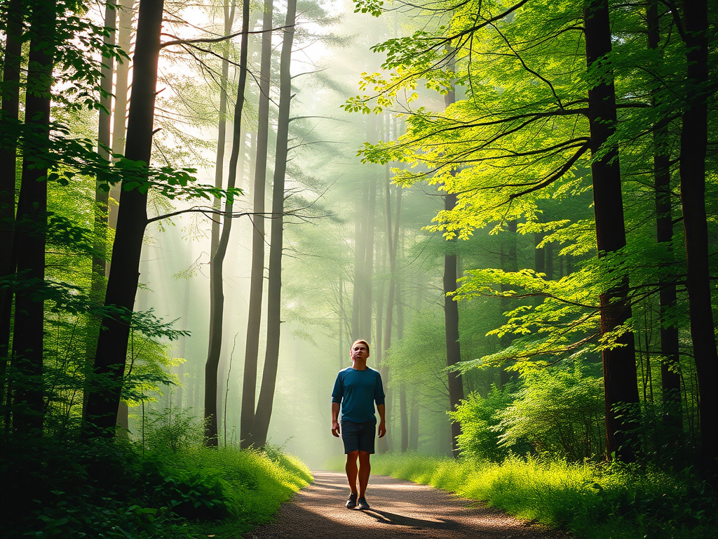 "Serene forest path" "soft morning light filtering through tall trees" "a person walking slowly, eyes closed, breathing deeply" "lush green foliage" "calm, peaceful atmosphere" "misty background"