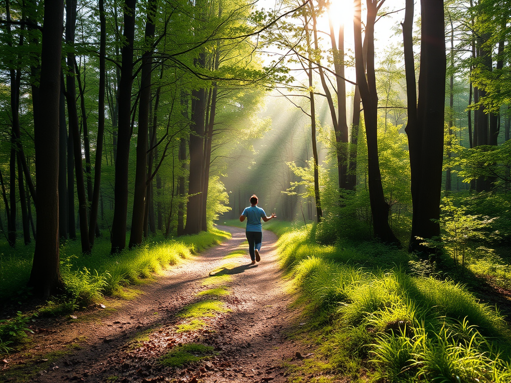 "peaceful forest path" "person walking mindfully" "soft sunlight filtering through trees" "calm yoga pose on grass" "gentle breath visible as mist" "serene atmosphere with vibrant greenery"