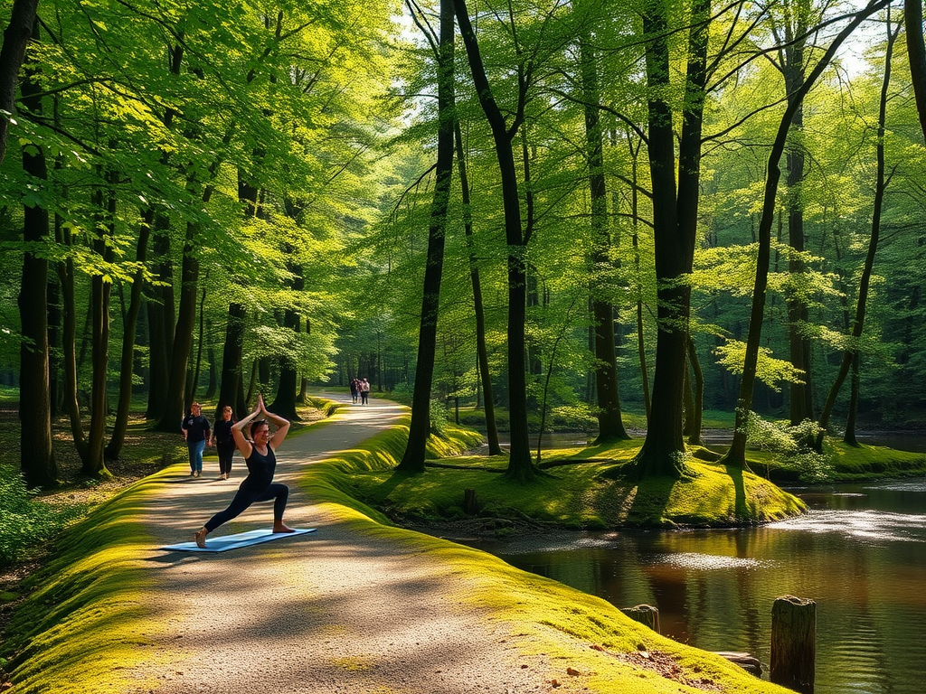 Serene forest path with "people walking peacefully," gentle sunlight filtering through "lush green trees," someone practicing yoga on a "soft mossy ground," calm water nearby reflecting the sky, tranquil and rejuvenating atmosphere.