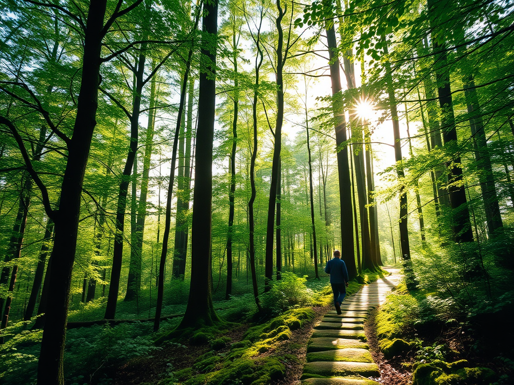 "lush green forest" "soft sunlight filtering through tall trees" "person walking calmly on a mossy path" "peaceful, serene atmosphere" "gentle breeze moving leaves"