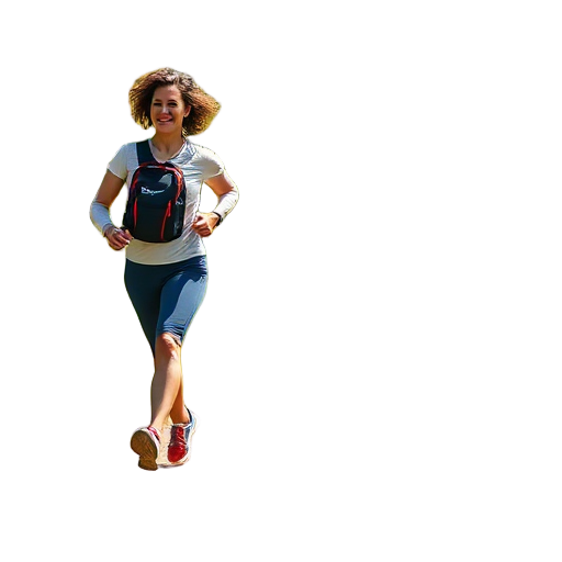 "Person powerwalking" "nature trail" "dynamic movement" "trainer guiding" "strong body" "sunny outdoor"
