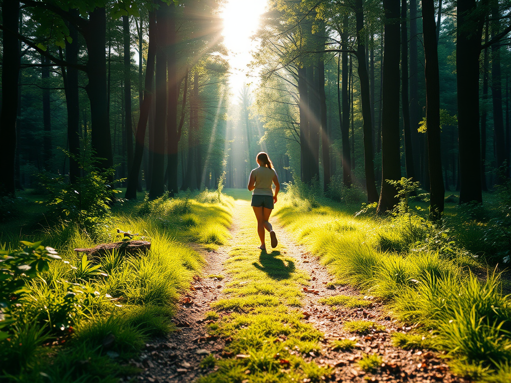 "peaceful forest path" "person walking mindfully" "soft sunlight filtering through trees" "calm yoga pose on grass" "gentle breath visible as mist" "serene atmosphere with vibrant greenery"