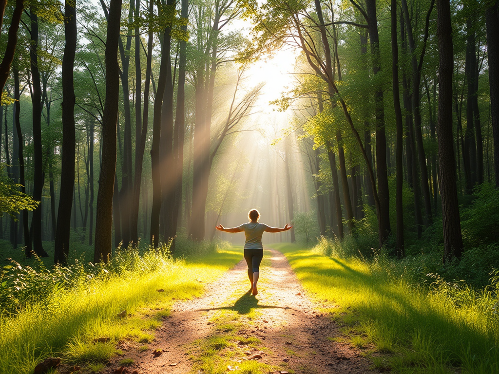 "peaceful forest path" "person walking mindfully" "soft sunlight filtering through trees" "calm yoga pose on grass" "gentle breath visible as mist" "serene atmosphere with vibrant greenery"