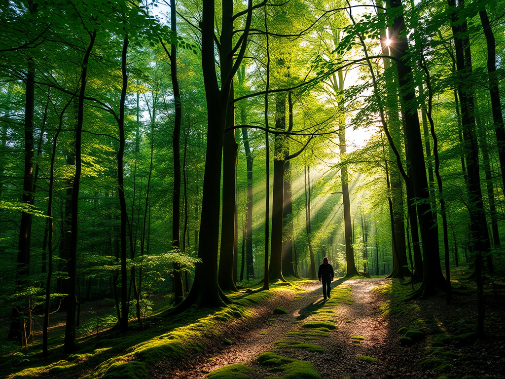 "lush green forest" "soft sunlight filtering through tall trees" "person walking calmly on a mossy path" "peaceful, serene atmosphere" "gentle breeze moving leaves"